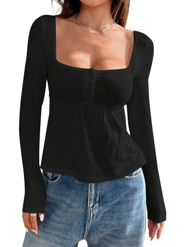 GORGLITTER Damen Langarm Tshirt Elegant Langarmshirt mit U Ausschnitt Basic Langarmshirts Bauchweg Oberteil Casual T-Shirt Schwarz L von GORGLITTER