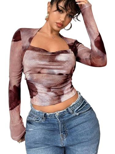 GORGLITTER Damen Langarmshirt Elegant Bauchfreies Oberteil Batik Tops Crop Tops Quadratischer Ausschnitt Langarm T-Shirt Braun L von GORGLITTER