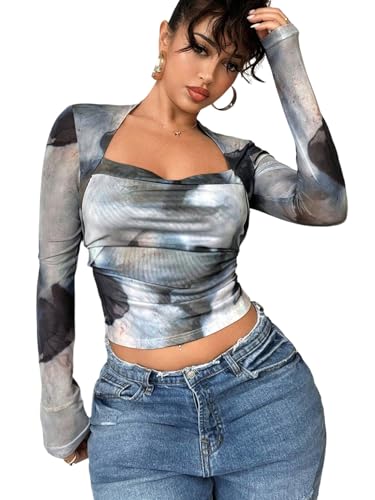 GORGLITTER Damen Langarmshirt Elegant Bauchfreies Oberteil Batik Tops Crop Tops Quadratischer Ausschnitt Langarm T-Shirt Grau M von GORGLITTER