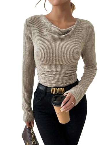 GORGLITTER Damen Langarmshirt Elegant Gerippt Langarm Oberteile Casual Basic Tops Wasserfallausschnitt Shirt Pullover Herbst Aprikosenfarben XS von GORGLITTER
