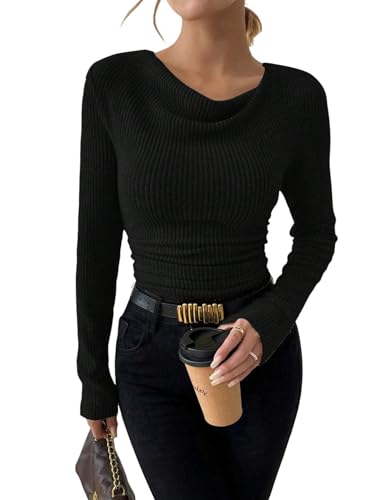 GORGLITTER Damen Langarmshirt Elegant Gerippt Langarm Oberteile Casual Basic Tops Wasserfallausschnitt Shirt Pullover Herbst Schwarz M von GORGLITTER