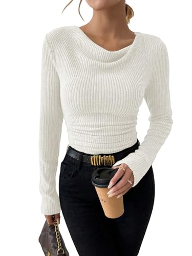 GORGLITTER Damen Langarmshirt Elegant Gerippt Langarm Oberteile Casual Basic Tops Wasserfallausschnitt Shirt Pullover Herbst Weiß S GORGLITTER Damen Langarmshirt Elegant Gerippt Langarm Oberteile Casual Basic Tops Wasserfallausschnitt Shirt Pullover Herbst Weiß S von GORGLITTER