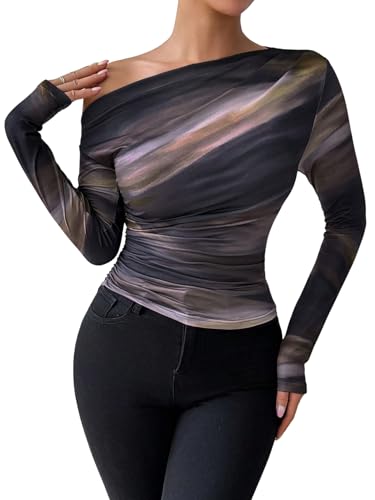 GORGLITTER Damen Langarmshirt Elegant Langarm Batik Top Slim Fit Gerafft T-Shirt Schulterfreies Oberteile Y2k Slim Shirt Partytop Herbst Outfit Dunkelviolett L von GORGLITTER