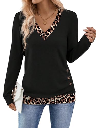 GORGLITTER Damen Langarmshirt Elegant Leopardenmuster Langarm Shirt Tunika Oberteile mit V-Ausschnitt Basic T-Shirt Fitness Casual Shirts Herbst Schwarz L von GORGLITTER