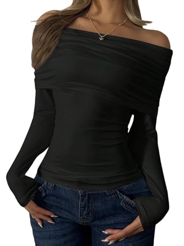 GORGLITTER Damen Langarmshirt Elegant Off Shoulder Oberteil Stretch Top Langarm T-Shirts Schulterfrei Herbstshirt Slim Fit Freizeitshirt Schwarz S von GORGLITTER