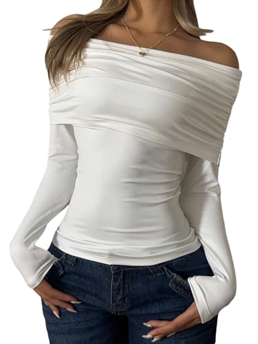 GORGLITTER Damen Langarmshirt Elegant Off Shoulder Oberteil Stretch Top Langarm T-Shirts Schulterfrei Herbstshirt Slim Fit Freizeitshirt Weiß M von GORGLITTER