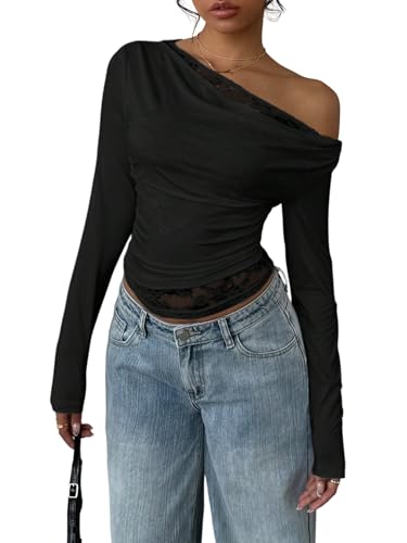 GORGLITTER Damen Langarmshirt Elegant Off-Shoulder Shirt mit Spitze Schulterfrei Oberteil Langarm Bauchfrei Oberteile Crop Top Freizeittop Schwarz L GORGLITTER Damen Langarmshirt Elegant Off-Shoulder Shirt mit Spitze Schulterfrei Oberteil Langarm Bauchfrei Oberteile Crop Top Freizeittop Schwarz L von GORGLITTER