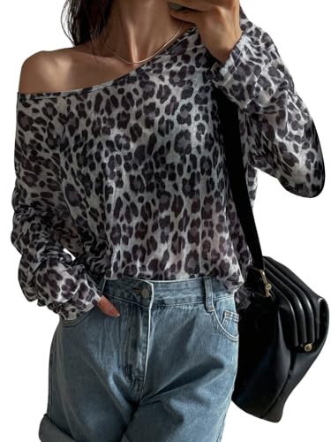 GORGLITTER Damen Langarmshirt Elegant Schulterfrei Oberteil Leichte Langarm Shirt mit Leopardenmuster Locker T-Shirt Y2K Top Party Top Grau S von GORGLITTER