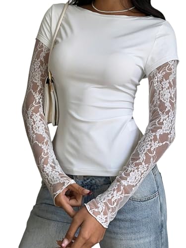 GORGLITTER Damen Langarmshirt Elegant Spitzen Shirt 2 in 1 Oberteile mit U-Boot Ausschnitt Spitzetop Langarm Causalshirt Herbst Outfit Weiß M von GORGLITTER