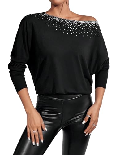 GORGLITTER Damen Langarmshirt Elegant T-Shirt Langarm Top mit Strass Loose Fit Herbstshirt Casualshirt mit Asymmetrischer Ausschnitt Schwarz L von GORGLITTER