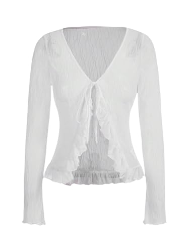 GORGLITTER Damen Langarmshirt Elegant Y2K Durchsichtig Mesh Top Slim Fit Oberteile mit V-Ausschnitt Asymmetrisch Langarm Bluse mit Rüschensaum Weiß M von GORGLITTER