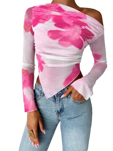 GORGLITTER Damen Langarmshirt Elegant Y2K One Off Shoulder Crop Top mit Blumenmuster Asymmetrischer T-Shirt Bauchfrei Oberteile Blumentop Herbst Heißes Pink L von GORGLITTER
