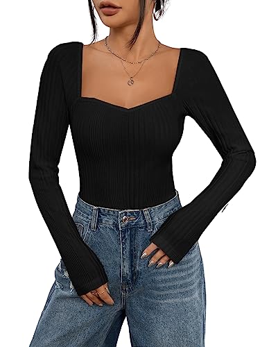 GORGLITTER Damen Langarmshirt Herzausschnitt Oberteile Strick Herbstshirt Stretch Tops Schwarz L von GORGLITTER