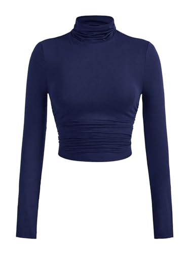 GORGLITTER Damen Langarmshirt Rollkragen Crop Top Langarm Oberteile Basic Tshirt Bauchfrei Slim Fit T-Shirt Herbst Outfit Dunkelblau S von GORGLITTER