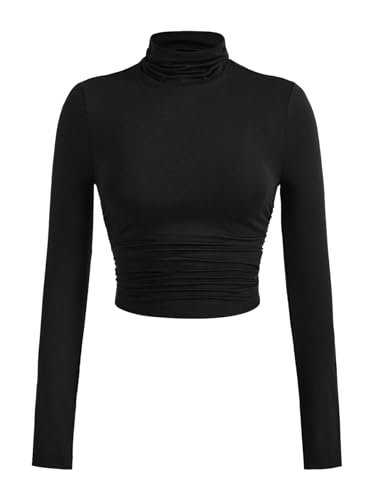 GORGLITTER Damen Langarmshirt Rollkragen Crop Top Langarm Oberteile Basic Tshirt Bauchfrei Slim Fit T-Shirt Herbst Outfit Schwarz S von GORGLITTER