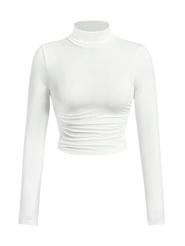 GORGLITTER Damen Langarmshirt Rollkragen Crop Top Langarm Oberteile Basic Tshirt Bauchfrei Slim Fit T-Shirt Herbst Outfit Weiß XS von GORGLITTER