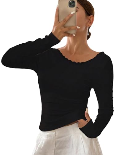 GORGLITTER Damen Langarmshirt Rückenfreies Top mit Spitze Slim Fit Oberteile mit U Ausschnitt Casual Langarm Shirts Slim Langarm T-Shirt Schwarz S von GORGLITTER