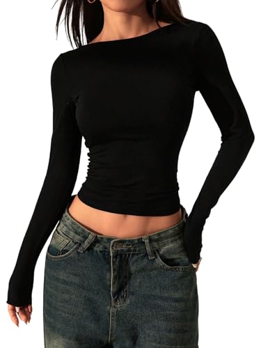 GORGLITTER Damen Langarmshirt Rückenfreies Top mit Spitze Slim Fit Oberteile mit U-Boot Ausschnitt Casual Langarm Tshirt Bauchfrei Y2K Top Schwarz M GORGLITTER Damen Langarmshirt Rückenfreies Top mit Spitze Slim Fit Oberteile mit U-Boot Ausschnitt Casual Langarm Tshirt Bauchfrei Y2K Top Schwarz M von GORGLITTER