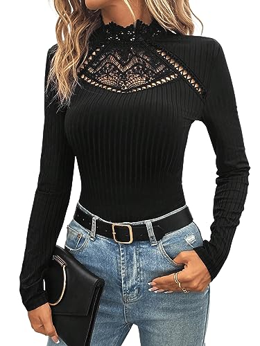 GORGLITTER Damen Langarmshirt Stehkragen Slim Oberteile Lässig Tops Rippenstrick Herbstshirts mit Spitzeneinsatz Schwarz L von GORGLITTER