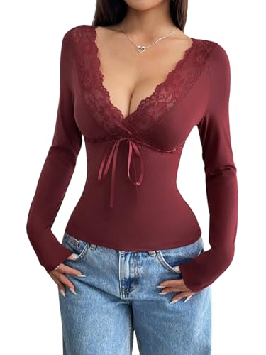 GORGLITTER Damen Langarmshirt mit Spitze Bauchfrei Oberteil Elegant Crop T-Shirt Tiefer V Ausschnitt Herbstshirt Langarm Casualshirt mit Schleife Rot M von GORGLITTER