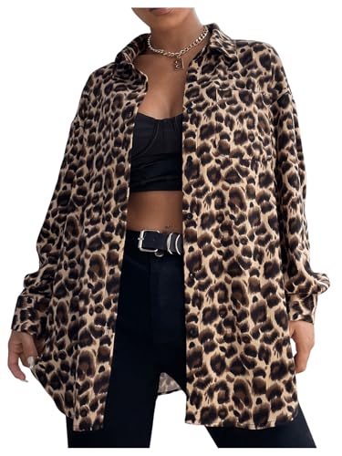 GORGLITTER Damen Lange Bluse Hemdshirt Button Down Oberteil BF Hemdbluse Langarm Freizeitshirt mit Leopardmuster Braun M von GORGLITTER