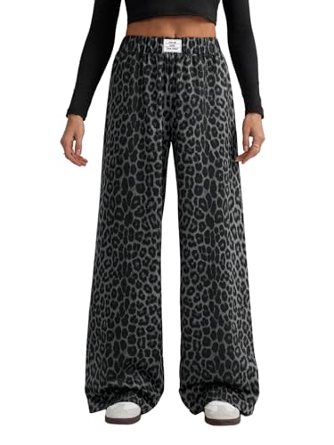 GORGLITTER Damen Lange Hose Y2K Breite Bein Freizeithose Leoparden Stoffhose Causalhose mit Hohe Elastische Bund Jogginghose Palazzon Pants Dunkelgrau XS von GORGLITTER