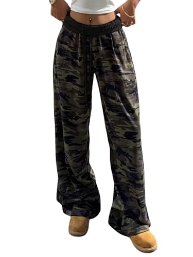 GORGLITTER Damen Lange Hose Y2K Camouflage Sporthose High Waist Freizeithose Weite Beine Sweatpants mit Elastischem Bund Gerade Hosen Herbst Armeegrün und Schwarz S von GORGLITTER