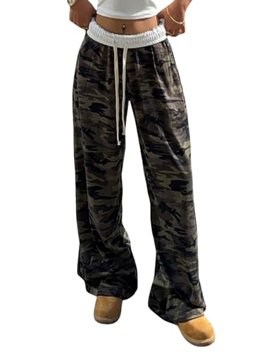 GORGLITTER Damen Lange Hose Y2K Camouflage Sporthose High Waist Freizeithose Weite Beine Sweatpants mit Elastischem Bund Gerade Hosen Herbst Armeegrün und Weiß S von GORGLITTER
