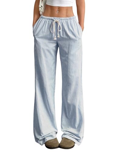 GORGLITTER Damen Lange Hose Y2K Gestreifte Hosen mit Taschen Weite Beine Freizeithosen mit Streifen Lockere Elastische Causalhose Herbst Winter Blau XL von GORGLITTER