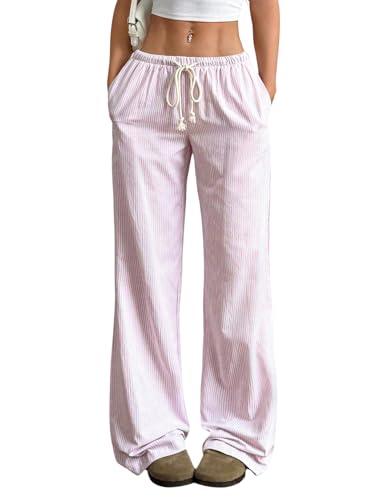 GORGLITTER Damen Lange Hose Y2K Gestreifte Hosen mit Taschen Weite Beine Freizeithosen mit Streifen Lockere Elastische Causalhose Herbst Winter Hell-Pink L von GORGLITTER