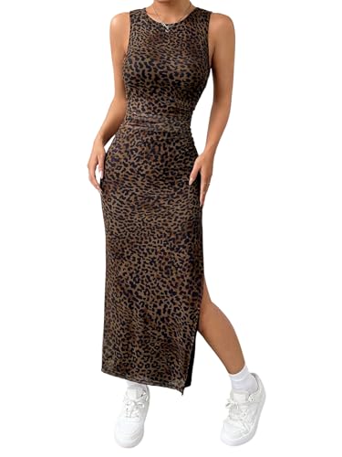 GORGLITTER Damen Langer Kleid Elegant Figurbetont Leopardenmuster Freizeitkleid mit Schlitz Bodycon Partykleid Ärmellos Bleistiftkleid Leoparden S von GORGLITTER