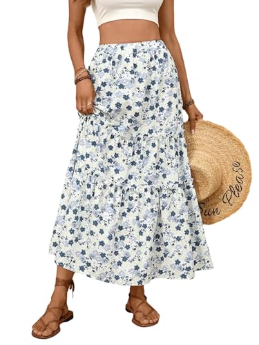 GORGLITTER Damen Langer Rock Elegant A-Line Blumen Casualrock Hohe Elastische Taille Freizeitrock Strandrock Boho Blumenrock Faltenrock Blau M von GORGLITTER
