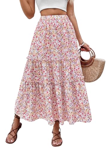 GORGLITTER Damen Langer Rock Elegant A-Line Blumen Casualrock Hohe Elastische Taille Freizeitrock Strandrock Boho Blumenrock Faltenrock Rosa L von GORGLITTER