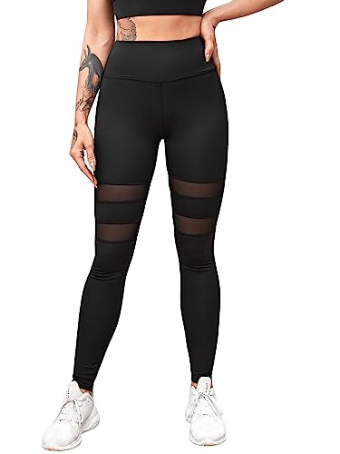 GORGLITTER Damen Leggings Elastischer Bund Skinny Hosen Casual Hohe Taille Sportleggings Yogahose Jogginghose mit Netzstoff Schwarz L von GORGLITTER