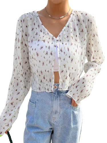 GORGLITTER Damen Leichte Strickjacke Elegant Kurz Cardigan mit Blumenmuster Bolero Tops Langarm Dünne Herbstjacke mit V-Ausschnitt Lässige Blusen Violett L von GORGLITTER