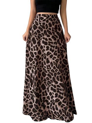 GORGLITTER Damen Leo Rock Elegant Maxirock Mit Leopardenmuster Langer Rock Mit Gummizug Freizeitrock Herbstrock Festival Outfit Leopardenparden L von GORGLITTER