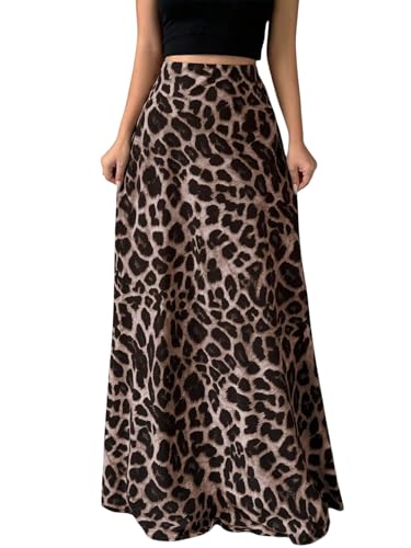 GORGLITTER Damen Leoparden Rock Maxirock Langer Freizeitrock Leorock Hohe Taille Party Festival Outfit Tanzrock Locker Herbstrock Leo M von GORGLITTER