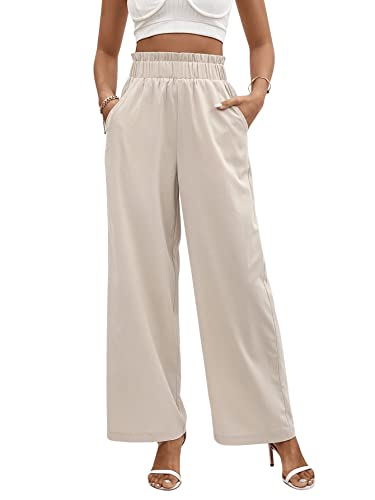 GORGLITTER Damen Locker Sommerhose elastischer Bund Hosen Breites Bein Lange Freizeithose Anzughose Büro Pants Aprikosenfarben L von GORGLITTER