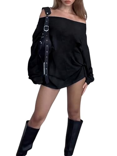 GORGLITTER Damen Longshirt Off Shoulder Oberteil Langarm Oversized Tshirt Basic T-Shirts Kleid mit Fledermausärmel Herbst Outfit Schwarz M von GORGLITTER