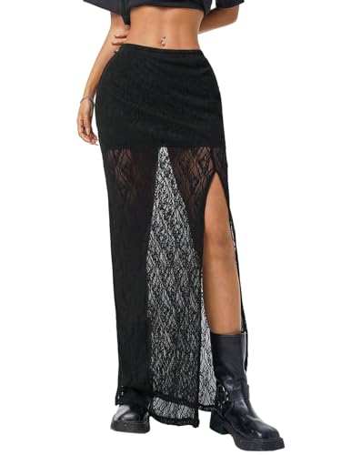 GORGLITTER Damen Maxi Rock Elegant Spitzenrock Transparenter Rock mit Schlitz Durchsichtige Röcke Figurbetont Freizeitrock Party Festival Outfit Schwarz XS von GORGLITTER