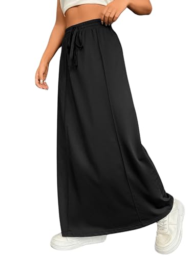 GORGLITTER Damen Maxi Rock Freizeitrock A Linie Röcke Vintage Maxirock Herbstrock mit Elastische Bund Knoten Schwarz L von GORGLITTER