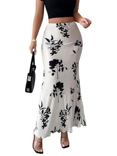 GORGLITTER Damen Maxirock Elegant Bodycon Rock mit Blumenmuster Fishtail Freizeitrock Leichte Slim Fit Partyrock Figurbetontes Causalrock Aprikosenfarben L von GORGLITTER