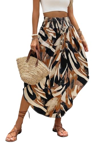 GORGLITTER Damen Maxirock Paisley Muster Langer Rock Asymmetrisch Sommerrock Böhmischer Urlaubrock Leicht Maxi Röcke Sommer Strandrock Braun L von GORGLITTER