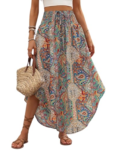 GORGLITTER Damen Maxirock Paisley Muster Langer Rock Asymmetrisch Sommerrock Böhmischer Urlaubrock Leicht Maxi Röcke Sommer Strandrock Khaki M von GORGLITTER