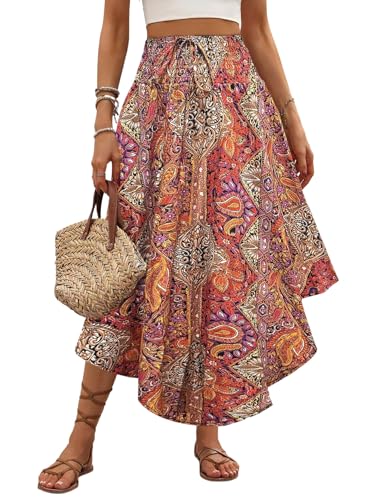GORGLITTER Damen Maxirock Paisley Muster Langer Rock Asymmetrisch Sommerrock Böhmischer Urlaubrock Leicht Maxi Röcke Sommer Strandrock Orange XL von GORGLITTER