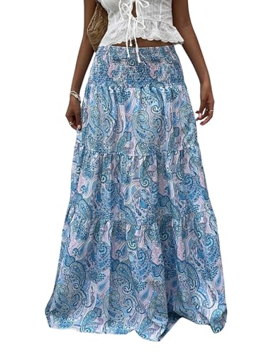 GORGLITTER Damen Maxirock Paisley Muster Langer Rock Sommerrock Böhmisch Urlaubrock Leicht Maxi Röcke Sommer Strandrock Urlaubrock Blau L von GORGLITTER