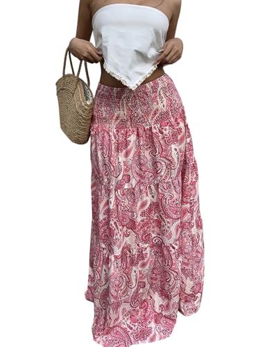 GORGLITTER Damen Maxirock Paisley Muster Langer Rock Sommerrock Böhmisch Urlaubrock Leicht Maxi Röcke Sommer Strandrock Urlaubrock Rosa L von GORGLITTER