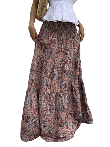 GORGLITTER Damen Maxirock Paisley Muster Langer Rock Sommerrock Böhmisch Urlaubrock Leicht Maxi Röcke Sommer Strandrock Urlaubrock Rostbraun XS von GORGLITTER