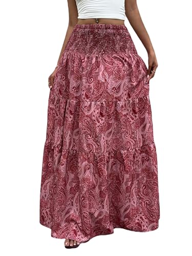 GORGLITTER Damen Maxirock Paisley Muster Langer Rock Sommerrock Böhmisch Urlaubrock Leicht Maxi Röcke Sommer Strandrock Urlaubrock Rot XS von GORGLITTER