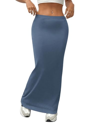 GORGLITTER Damen Maxirock Rockabilly Vintage Lange Röcke Enger Freizeitrock Hohe Taille Partyrock Graublau XS von GORGLITTER